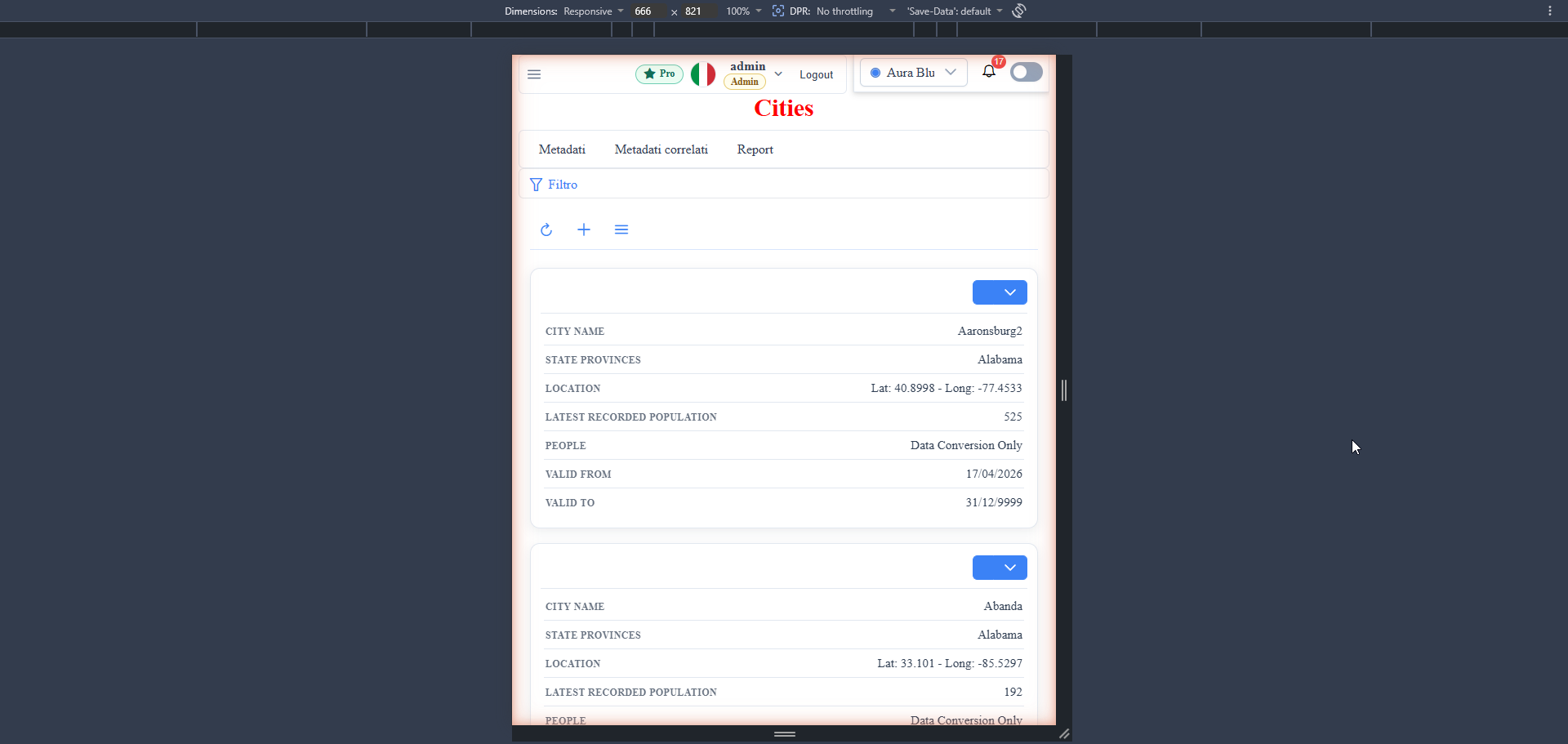 List-grid on a phone — one card per record, action buttons on top, label/value rows for every visible column