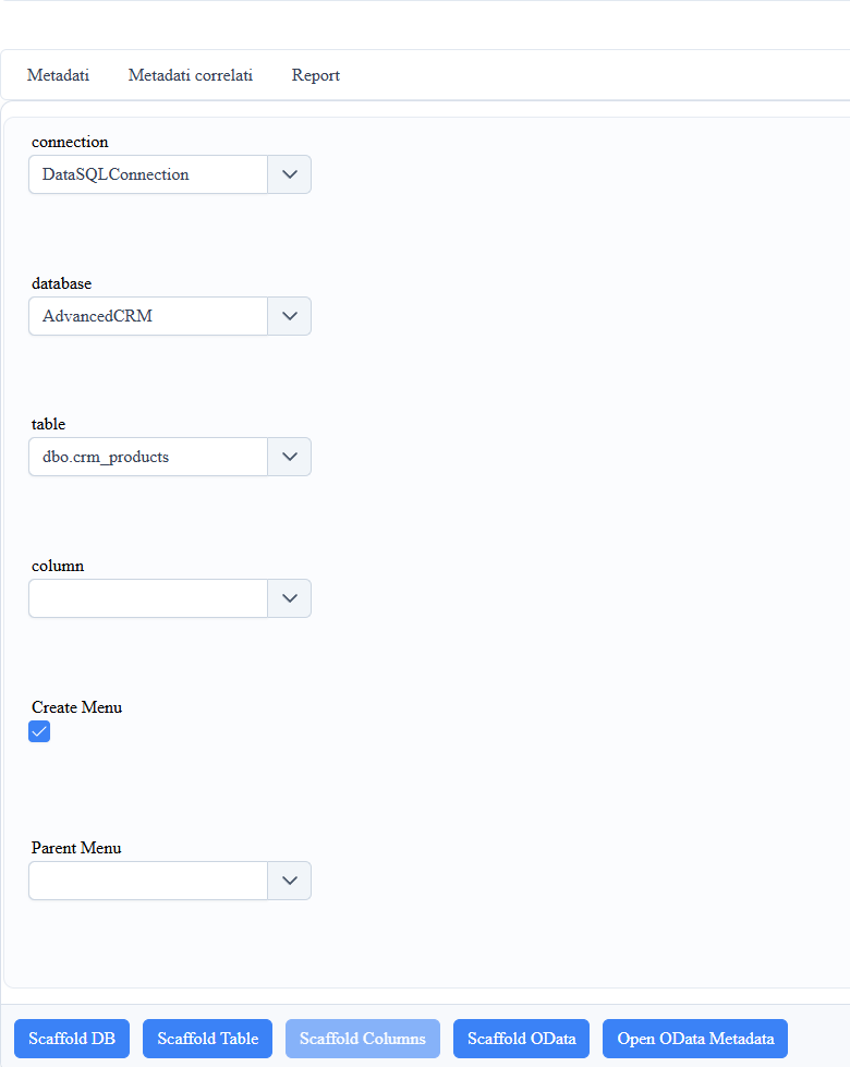 The built-in Scaffolding page: pick connection → database → table, tick Create Menu, hit Scaffold Table